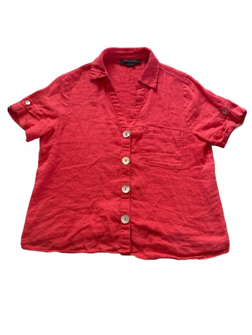 Marc New York 100% Linen Shirt Medium M Coral Red Shell Button Short Sleeve